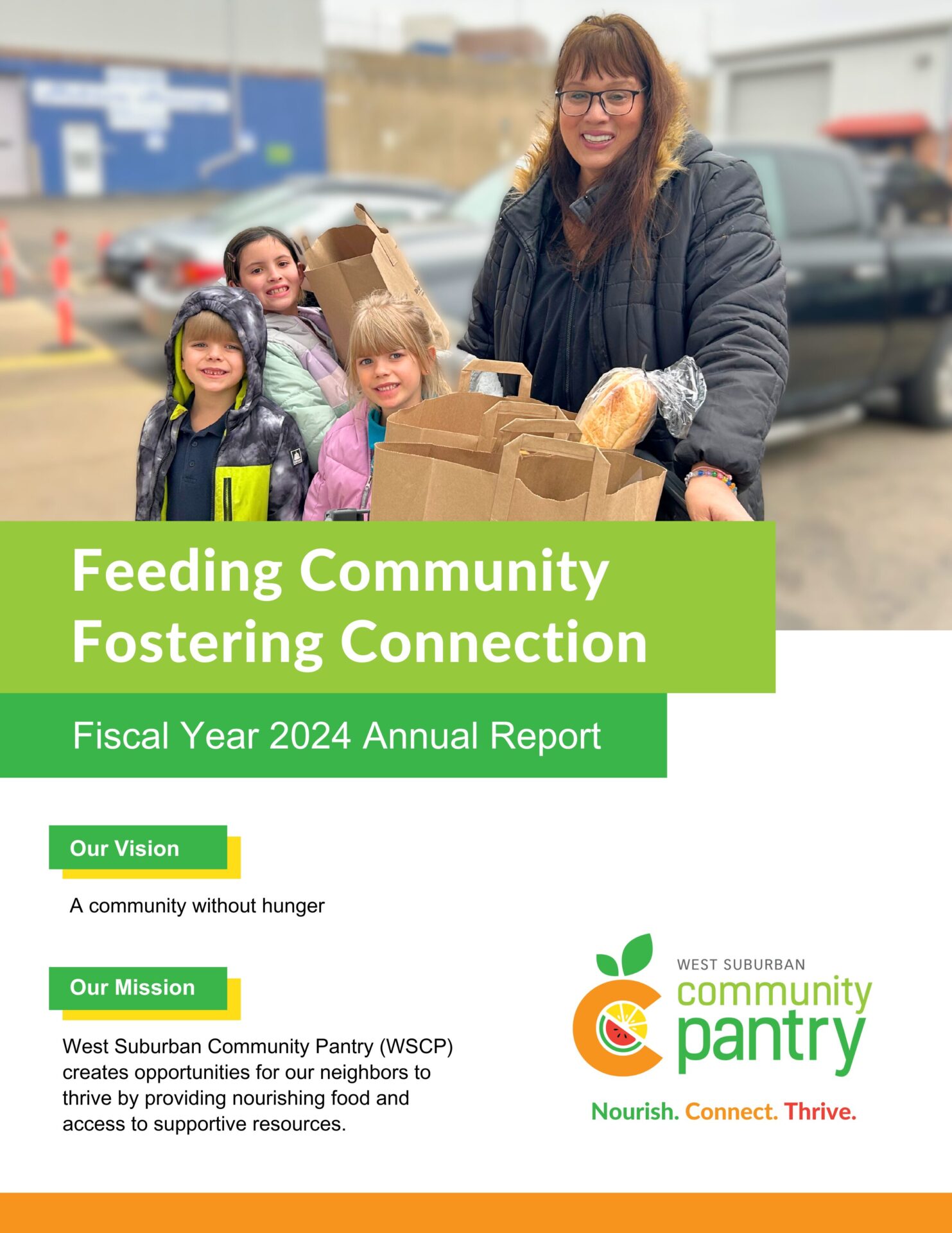Annual Report Cover -  image of a mother and three children with groceries from the pantry